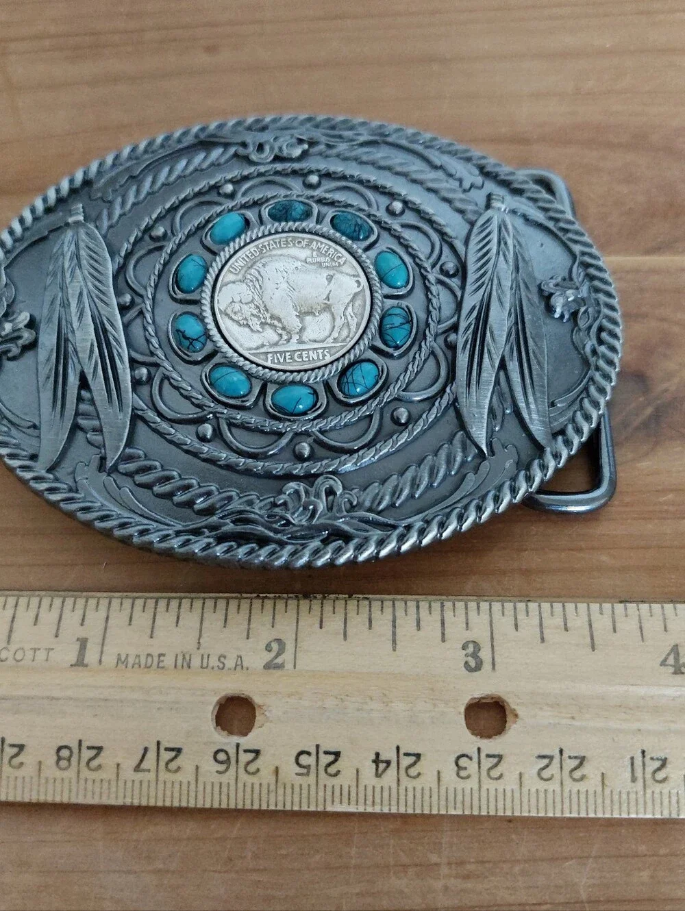 Southwestern Feather Buffalo Nickel Coin with Faux Turquoise Stone Belt Buckle